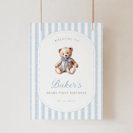 Póster Signo de bienvenida de cumpleaños azul Teddy Bear