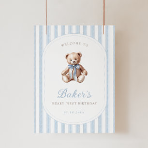 Póster Signo de bienvenida de cumpleaños azul Teddy Bear