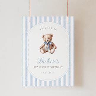 Póster Signo de bienvenida de cumpleaños azul Teddy Bear