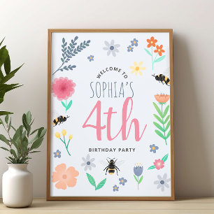 Póster Signo de bienvenida de cumpleaños de Abeja floral 