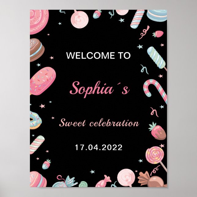 Póster Signo de bienvenida de cumpleaños de Candyland ros (Frente)