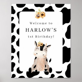 Póster Signo de bienvenida de cumpleaños de Cow Sunflower