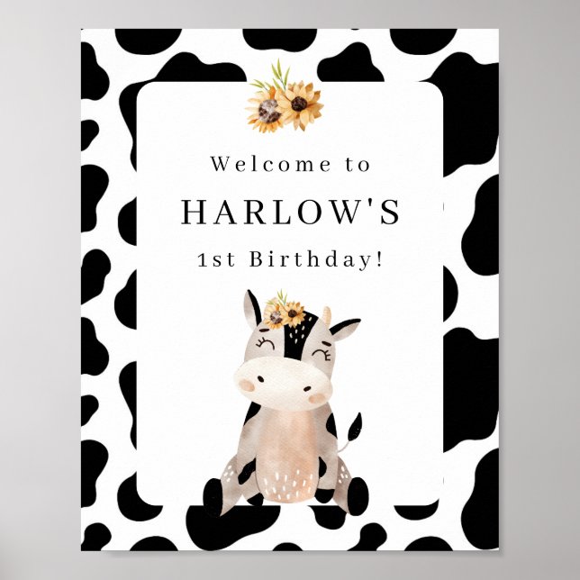 Póster Signo de bienvenida de cumpleaños de Cow Sunflower (Frente)