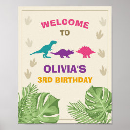 Póster Signo de bienvenida de cumpleaños de dinosaurio de