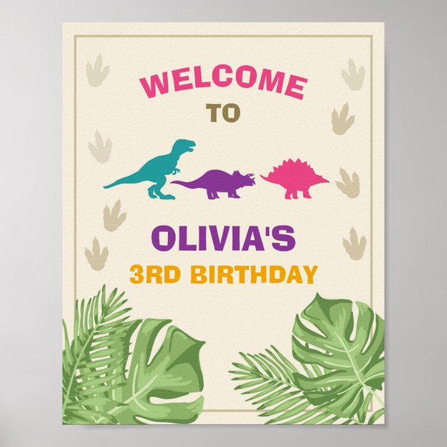 Póster Signo de bienvenida de cumpleaños de dinosaurio de (Frente)