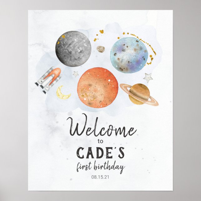 Póster Signo de bienvenida de cumpleaños de espacio (Frente)