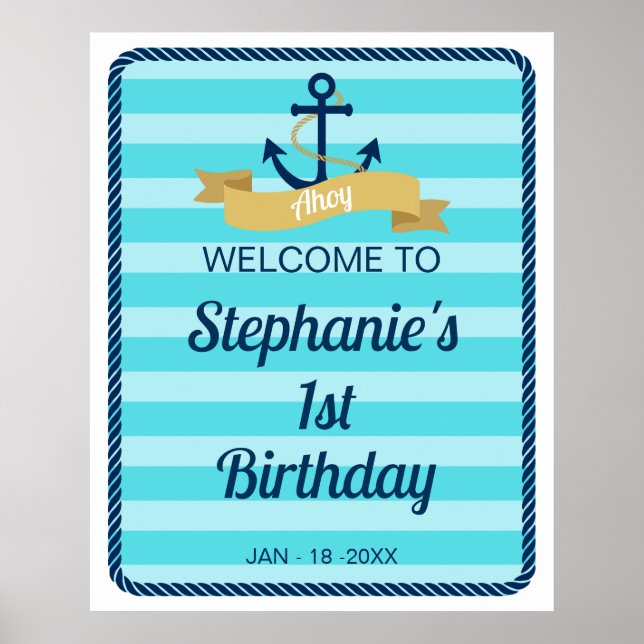 Póster Signo de bienvenida de cumpleaños de franjas azule (Frente)