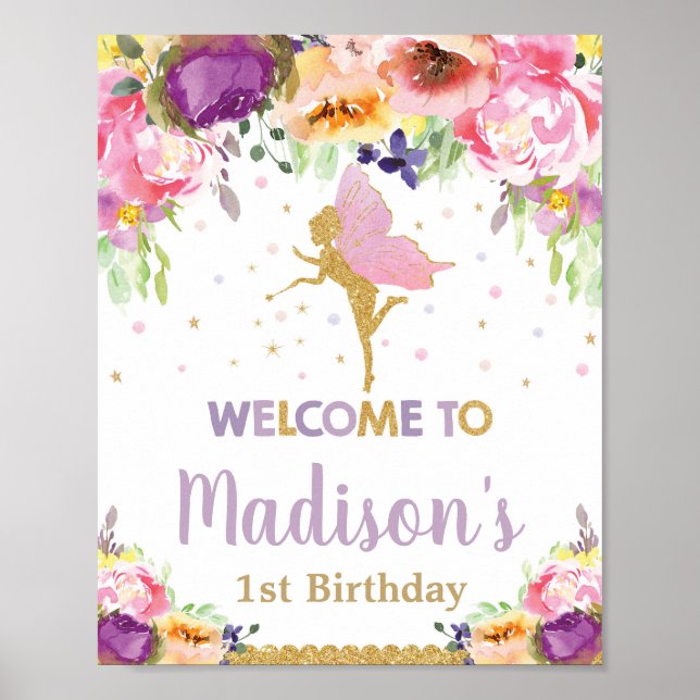 Póster Signo de bienvenida de cumpleaños de hadas Flores  (Frente)