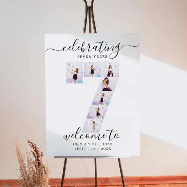 Póster Signo de bienvenida de cumpleaños de la foto 7, el (7 Photo Birthday Welcome Sign, Him or Her Poster)
