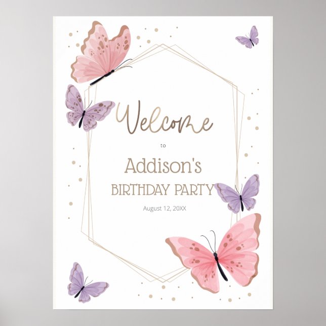 Póster Signo de bienvenida de cumpleaños de mariposa (Frente)