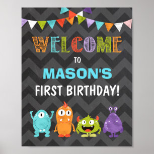 Póster Signo de bienvenida de cumpleaños de pequeño monst