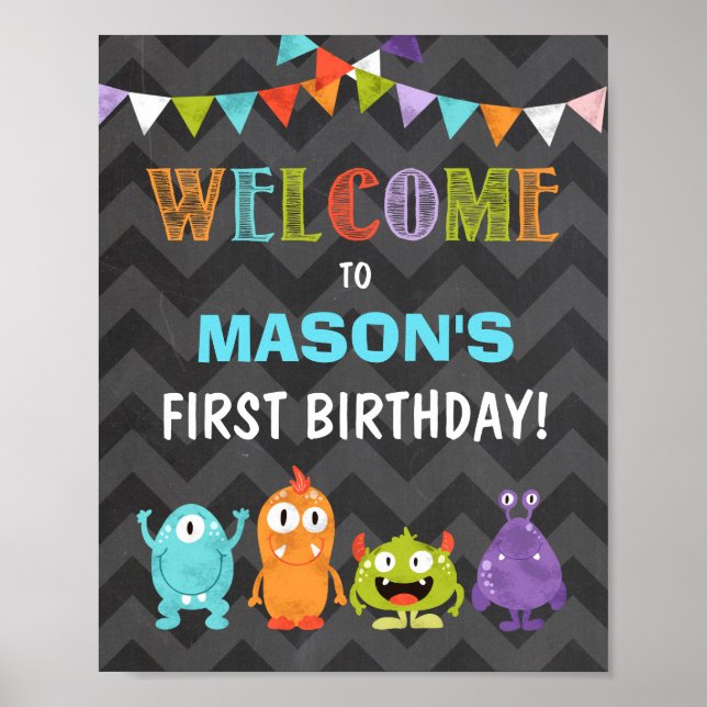 Póster Signo de bienvenida de cumpleaños de pequeño monst (Frente)