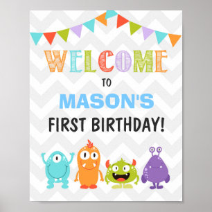 Póster Signo de bienvenida de cumpleaños de pequeño Monst