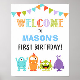 Póster Signo de bienvenida de cumpleaños de pequeño Monst