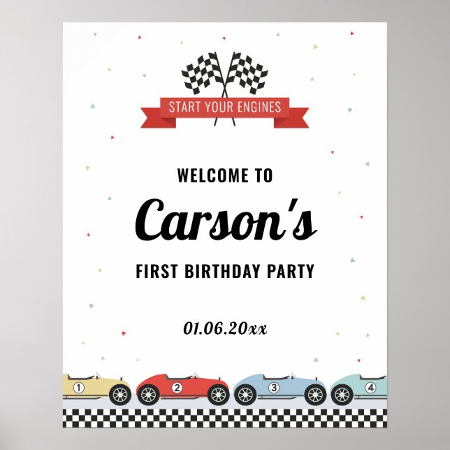 Póster Signo de bienvenida de cumpleaños de Race Car (Frente)