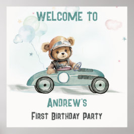 Póster Signo de bienvenida de cumpleaños de Race Car Baby