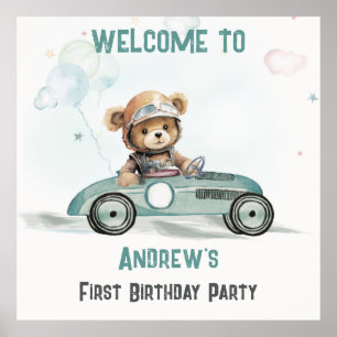 Póster Signo de bienvenida de cumpleaños de Race Car Baby