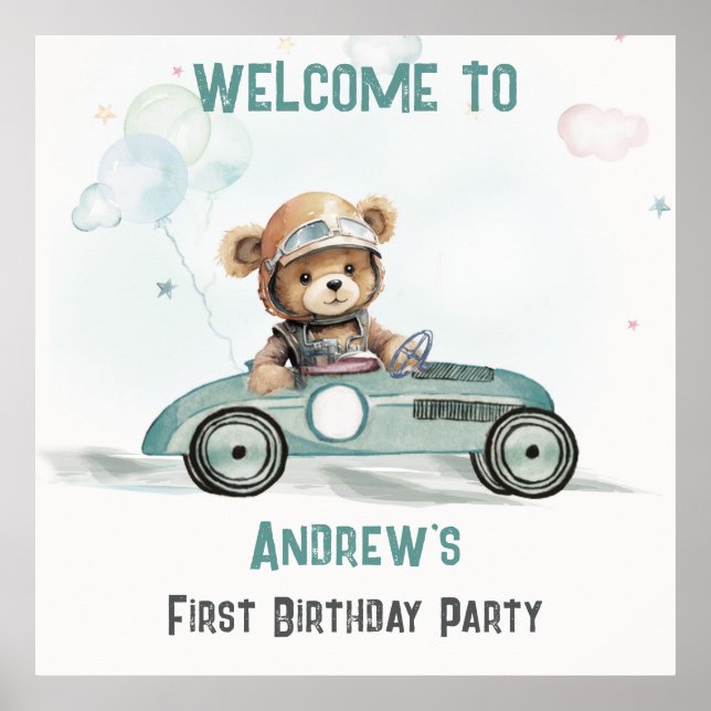 Póster Signo de bienvenida de cumpleaños de Race Car Baby (Frente)