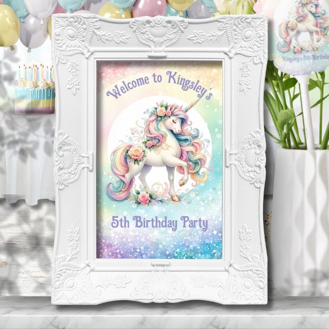 Póster Signo de bienvenida de cumpleaños de Unicornio con (Radiant Rainbow Unicorn Birthday Welcome Sign)