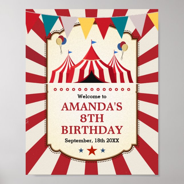 Póster Signo de bienvenida de cumpleaños del circo de car (Frente)