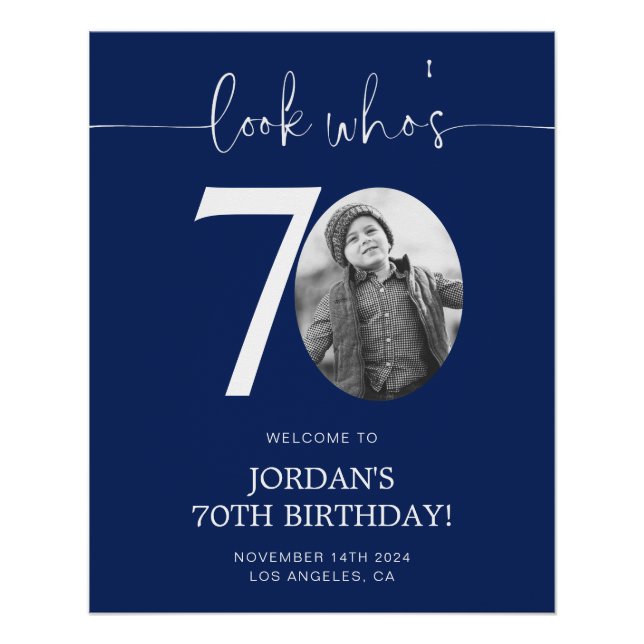 Póster Signo de bienvenida de cumpleaños número 70 azul | (Anverso)