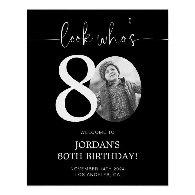 Póster Signo de bienvenida de cumpleaños número 80 negro  (Anverso)