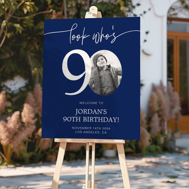Póster Signo de bienvenida de cumpleaños número 90 azul | (Subido por el creador)
