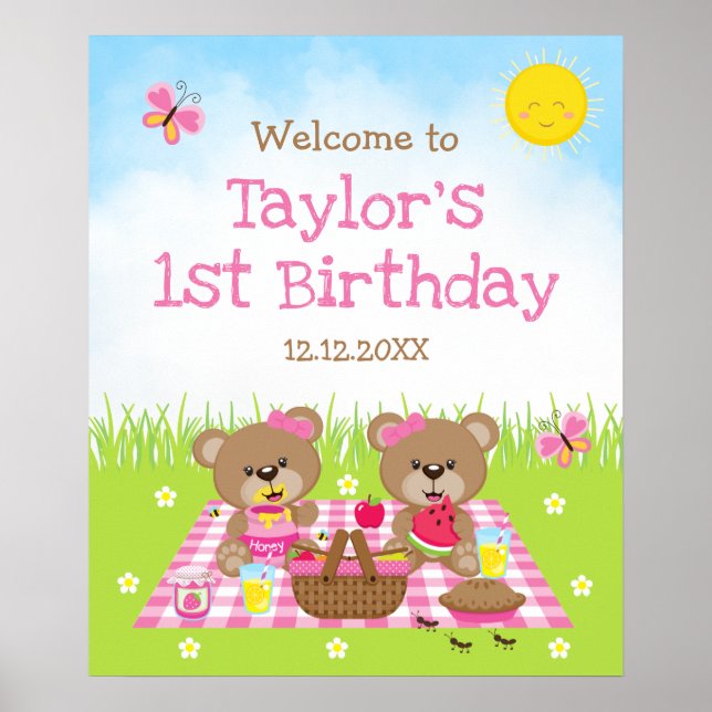 Póster Signo de bienvenida de cumpleaños rosado de Teddy  (Frente)