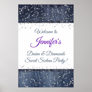 Póster Signo de bienvenida de denim y confetti plateado