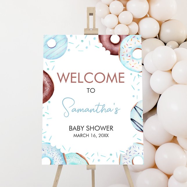 Póster Signo de bienvenida de donuts azules y pañales (Donuts and Diapers Baby Shower Welcome Sign)
