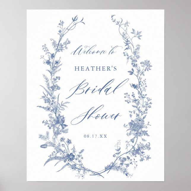 Póster Signo de bienvenida de ducha de novia floral azul  (Frente)