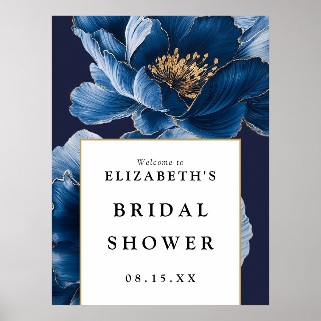 Póster Signo de bienvenida de ducha de novia floral azul  (Frente)