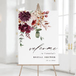 Póster Signo de bienvenida de ducha de novia floral de ro<br><div class="desc">Este cartel de bienvenida a una ducha de novia incluye un ramo de flores de acuarela de dahlias, rosas de jardín y peonía en rojo burdeos, marrón, rosa rubí sobre hojas de otoño. Para una personalización más avanzada de este diseño, haga clic en el BOTÓN HERRAMIENTA DE DISEÑO AZUL. También...</div>