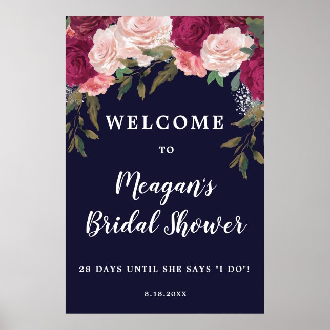 Póster signo de bienvenida de ducha de novia floral marin (Frente)