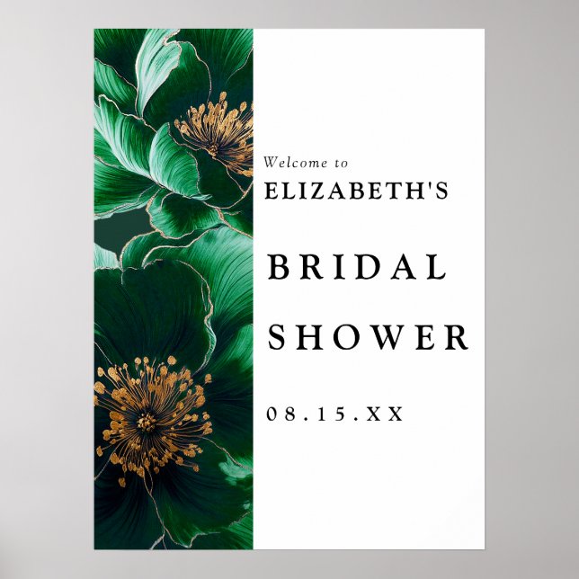 Póster Signo de bienvenida de ducha de novia floral verde (Frente)