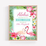 Póster Signo de bienvenida de ducha de novia rosa tropica<br><div class="desc">El poster/signo de bienvenida de la ducha de novia boda cuenta con dos flamencos rosados de bonito con un marco exuberante de hojas de palma verdes y flores de hibisco tropical en tonos rosa cálido, amarillo y blanco. El elegante texto de Aloha con el título de la pancarta azul acuático...</div>