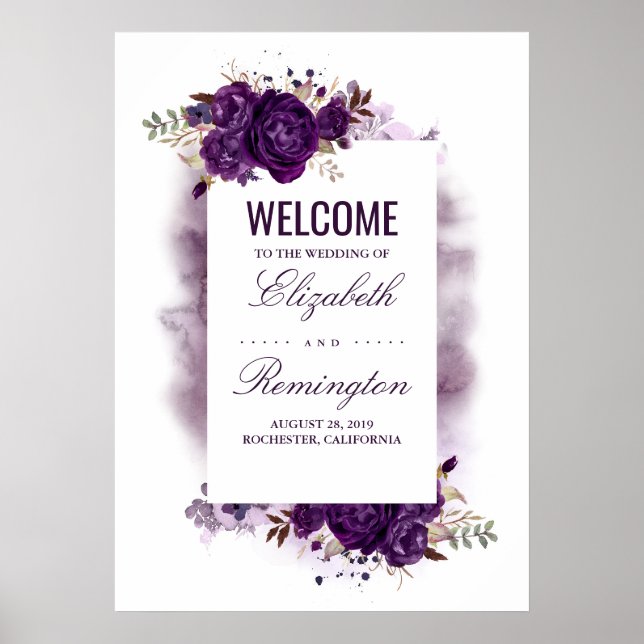 Póster Signo de bienvenida de Eggplant Purple Floral Boda (Frente)