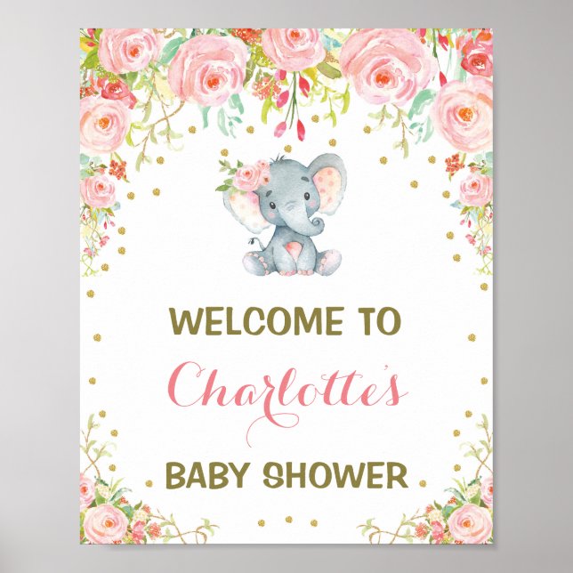 Póster Signo de bienvenida de elefante chica Baby Shower  (Frente)
