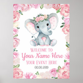 Póster Signo de bienvenida de elefante chica Rosas Floral