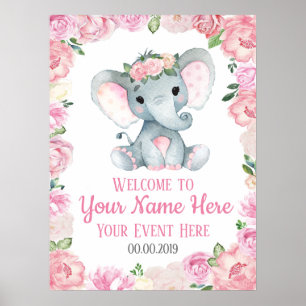 Póster Signo de bienvenida de elefante chica Rosas Floral