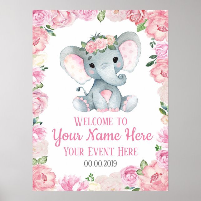 Póster Signo de bienvenida de elefante chica Rosas Floral (Frente)