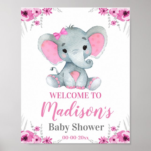 Póster Signo de bienvenida de elefante rosa, ducha rústic (Frente)