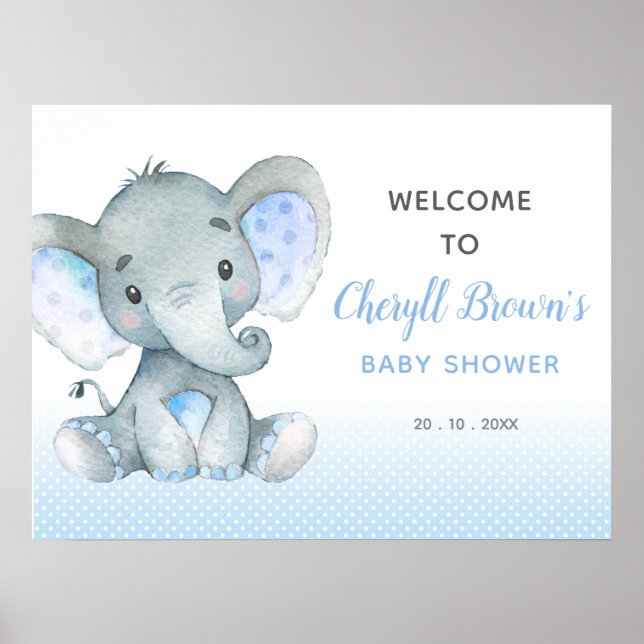 Póster Signo de bienvenida de Elephant Baby Shower (azul) (Frente)