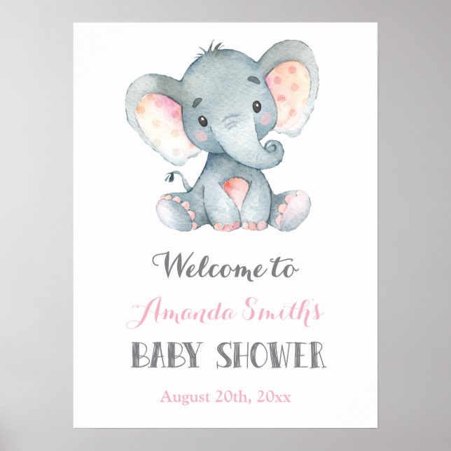 Póster Signo de bienvenida de Elephant Baby Shower rosa y (Frente)