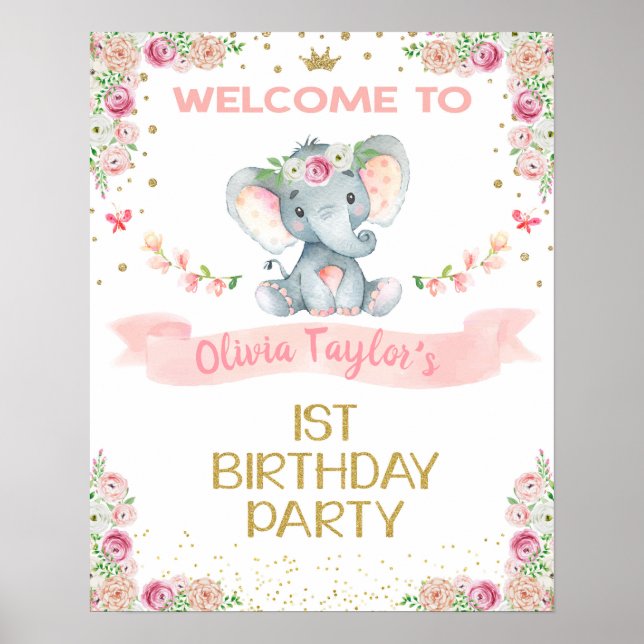 Póster Signo de bienvenida de Elephant Floral First Birda (Frente)
