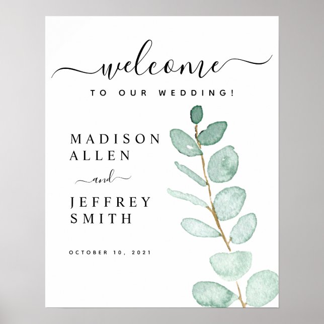 Póster Signo de bienvenida de Eucalyptus Leaf Boda (Frente)