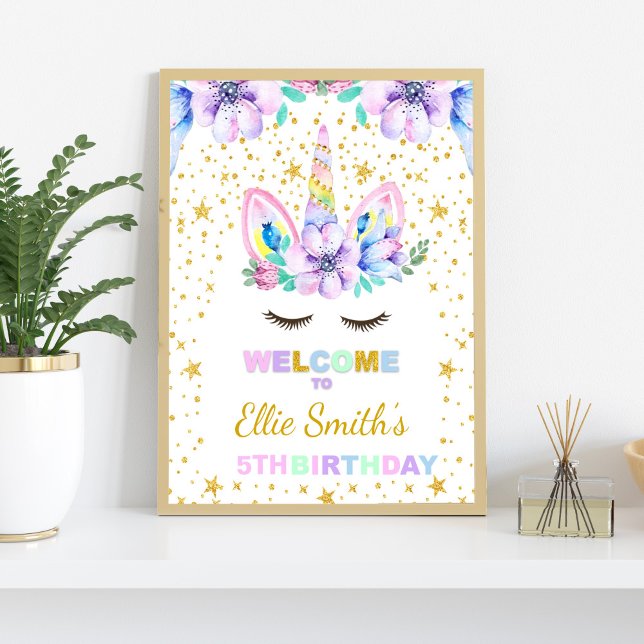 Póster Signo de bienvenida de fiesta de cumpleaños de uni (Purple Unicorn Welcome Signs)