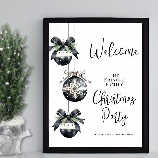 Póster Signo de bienvenida de Fiesta de Navidades blancos (Winter Black White Christmas Party Welcome Sign)