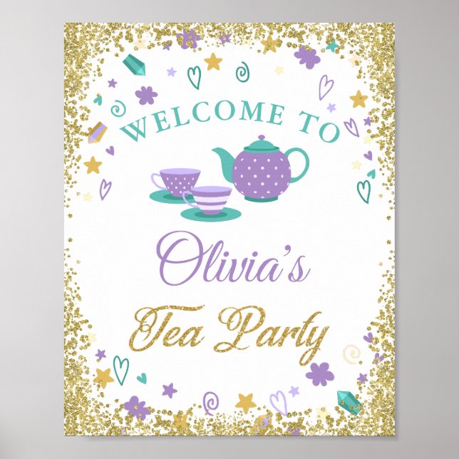 Póster Signo de bienvenida de Fiesta de té Purpurina mora (Frente)