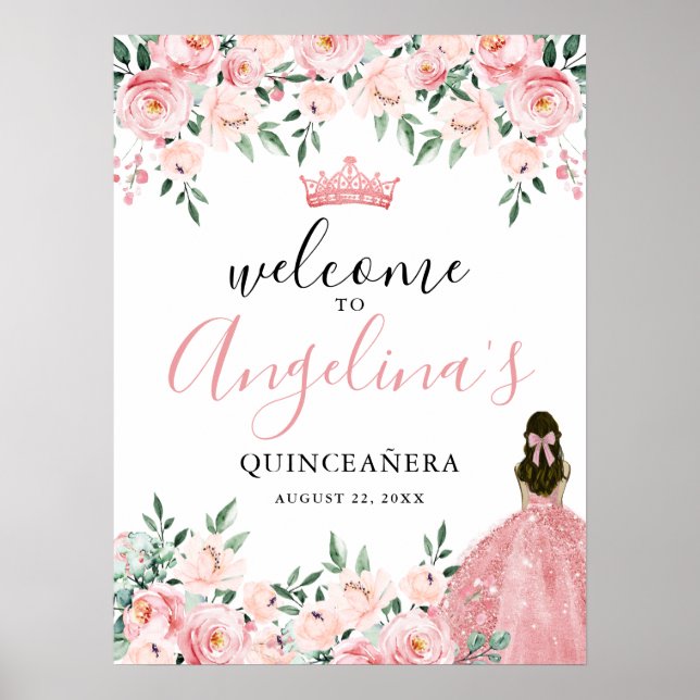 Póster Signo de bienvenida de Fiesta Quinceanera rosa (Frente)